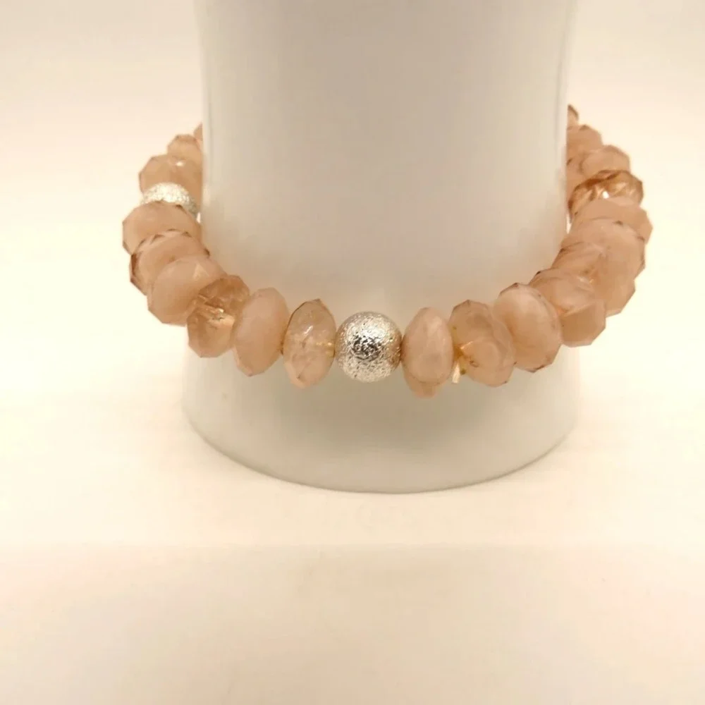 Beaded Stretch Bracelet‎ Faceted Light Pink Peach Silver Tone Beads